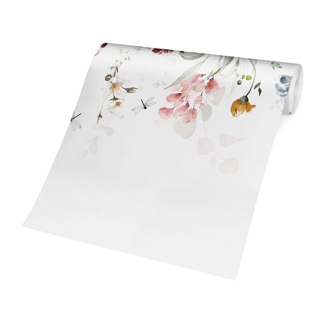 Tapet med dyr Tendril Flowers with Butterflies Watercolour