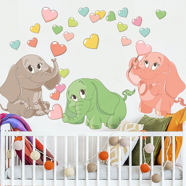 Wallstickers elefanter Rainbow elephant babies with colorful hearts