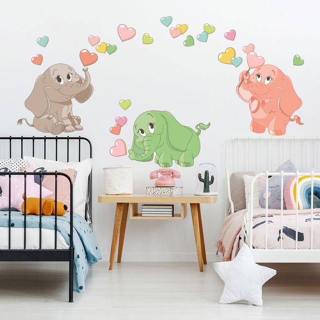 Wallstickers dyr Rainbow elephant babies with colorful hearts