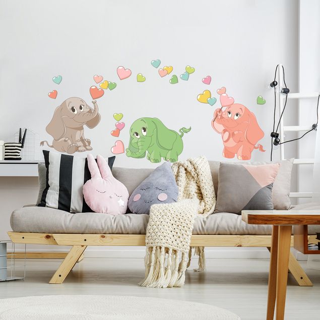 Wallstickers kære Rainbow elephant babies with colorful hearts