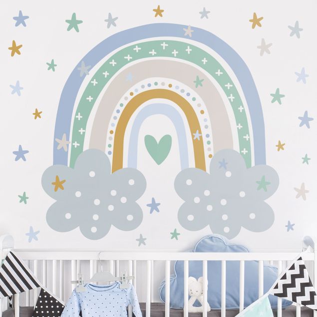 Wallstickers regnbue Rainbow with clouds blue turquoise