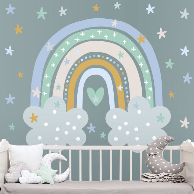 Wallstickers rummet Rainbow with clouds blue turquoise