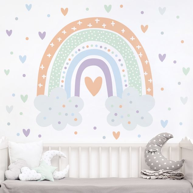Wallstickers regnbue Rainbow with clouds pastel
