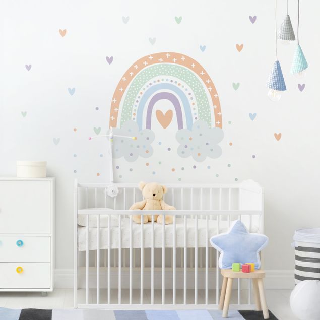 Wallstickers hjerter Rainbow with clouds pastel