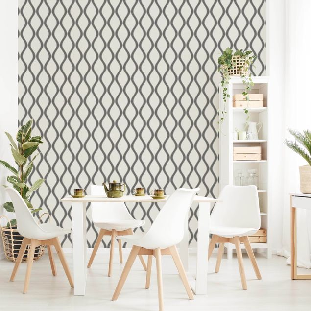 Tapet geometrisk Retro Pattern With Waves In Anthracite