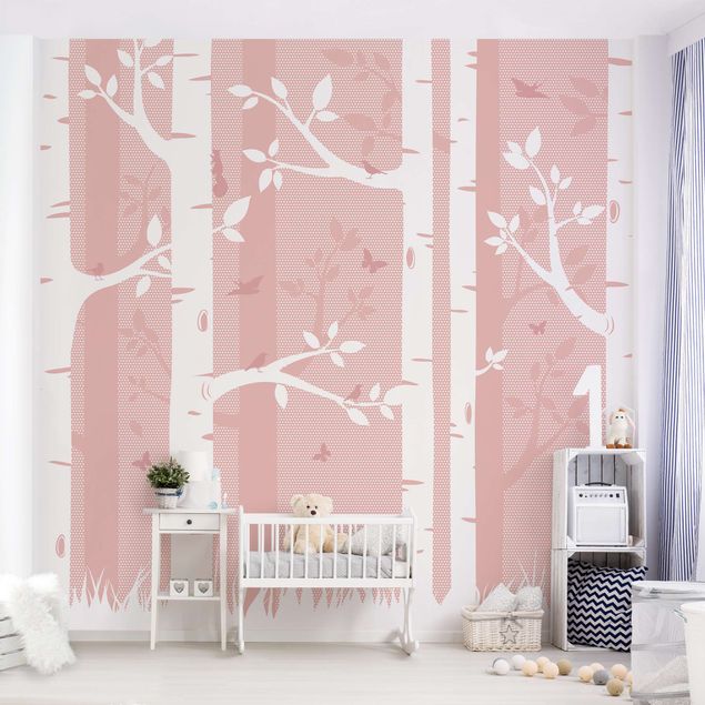 Tapet sommerfugle Pink Birch Forest With Butterflies And Birds