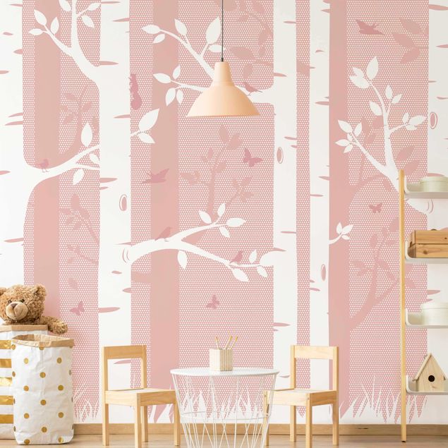 Moderne tapet Pink Birch Forest With Butterflies And Birds