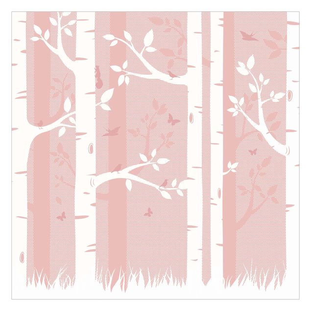 Tapet beige Pink Birch Forest With Butterflies And Birds