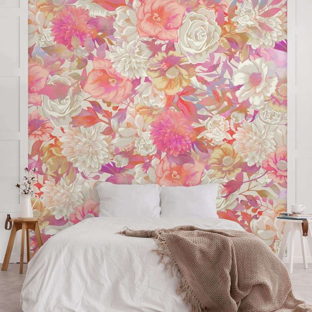 Blomster tapet Pink Blossom Dream With Roses