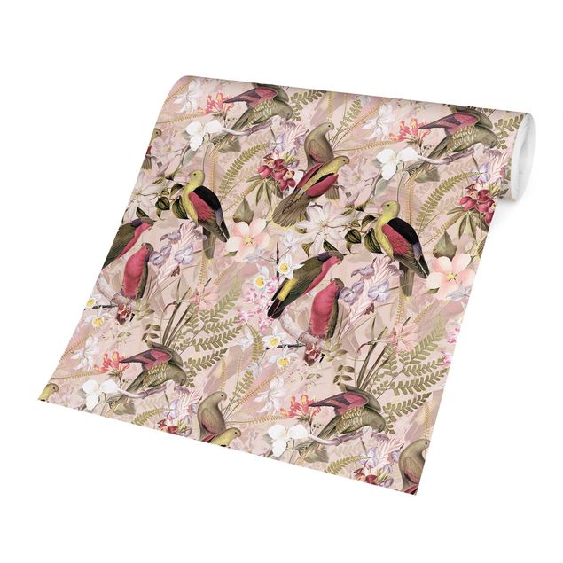 Moderne tapet Pink Pastel Birds With Flowers