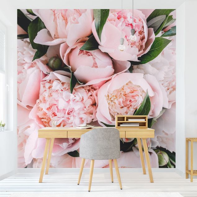 Tapet blomster Pink Peonies With Leaves