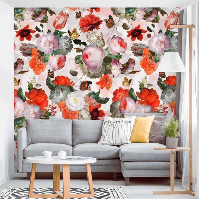 Moderne tapet Red Flowers With Butterflies