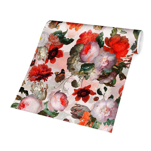 Tapet med dyr Red Flowers With Butterflies