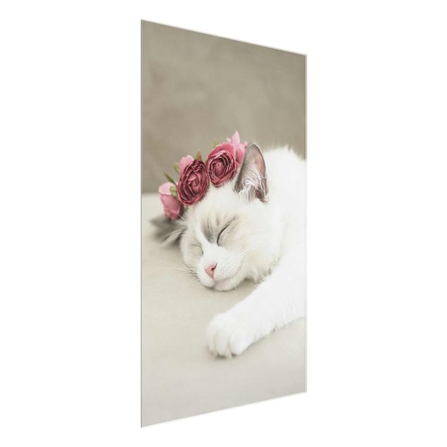 Glasbilleder blomster Sleeping Cat with Roses