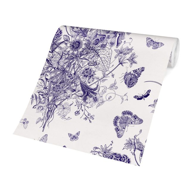 Moderne tapet Butterflies Around Floral Island In Purple