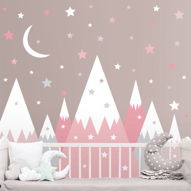 Wallstickers rummet Snow-capped mountains star and moon pink