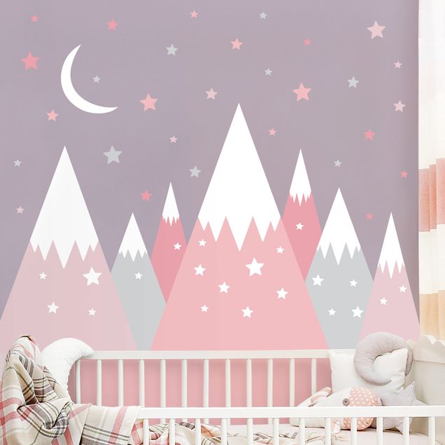Børneværelse deco Snow-capped mountains star and moon pink