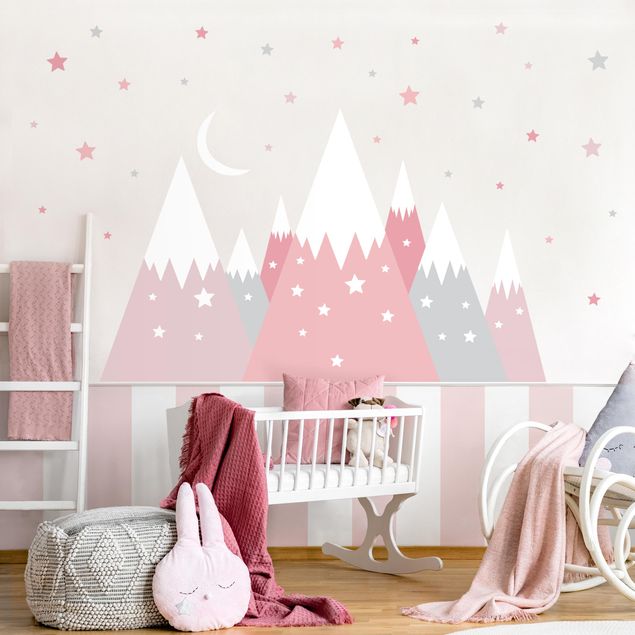 Wallstickers stjerner Snow-capped mountains star and moon pink