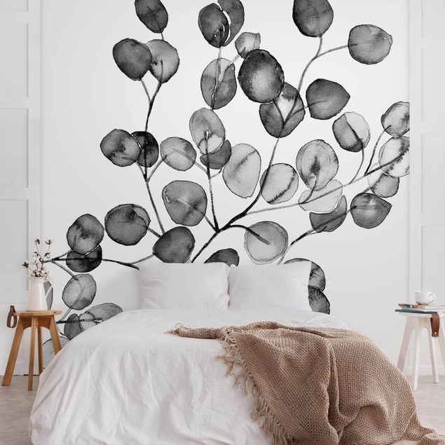 Moderne tapet Black And White Eucalyptus Twig Watercolour