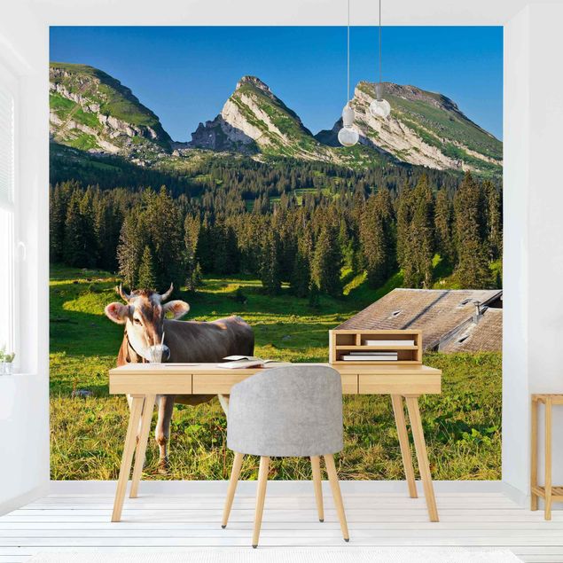 Fototapet landskaber Swiss Alpine Meadow With Cow