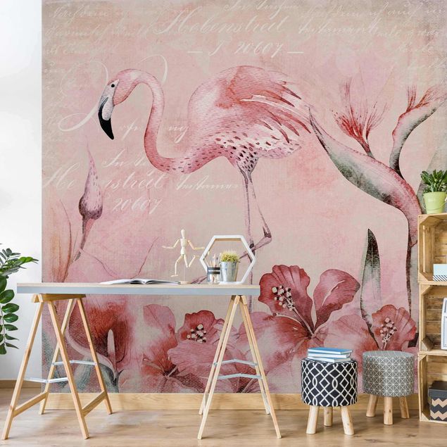 Tapet med flamingo Shabby Chic Collage - Flamingo