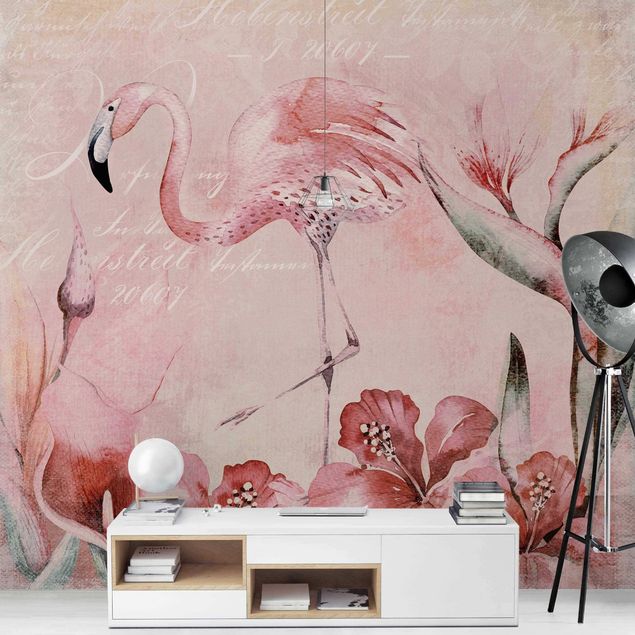 Fugle tapet Shabby Chic Collage - Flamingo