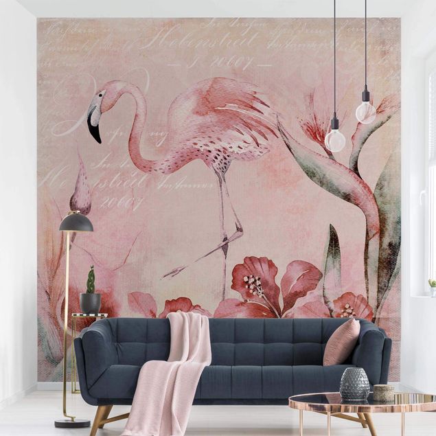 Fototapet blomster Shabby Chic Collage - Flamingo