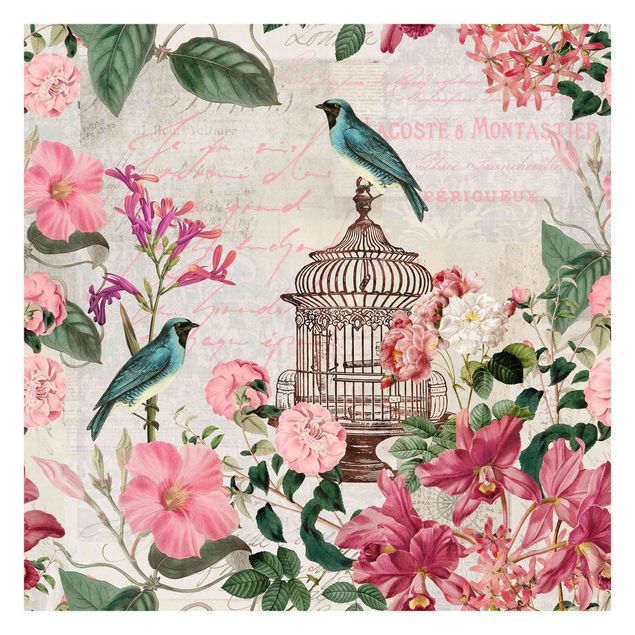 Tapet lyserød Shabby Chic Collage - Pink Flowers And Blue Birds