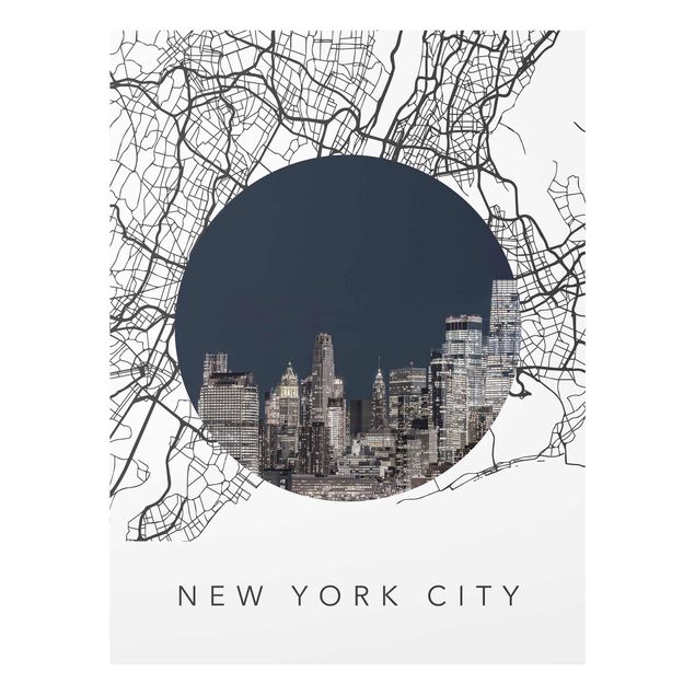 Glasbilleder sort og hvid Map Collage New York City