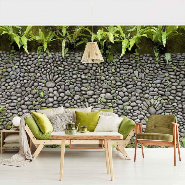 Tapet natursten Stone Wall With Plants