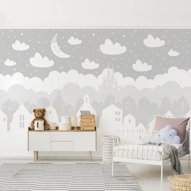 Tapet moderne Starry Sky With Houses And Moon In Gray