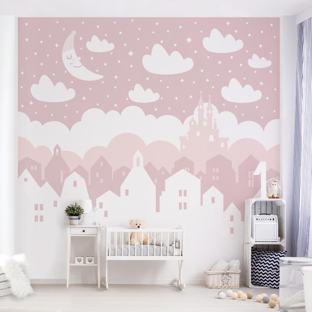 Moderne tapet Starry Sky With Houses And Moon In Light Pink