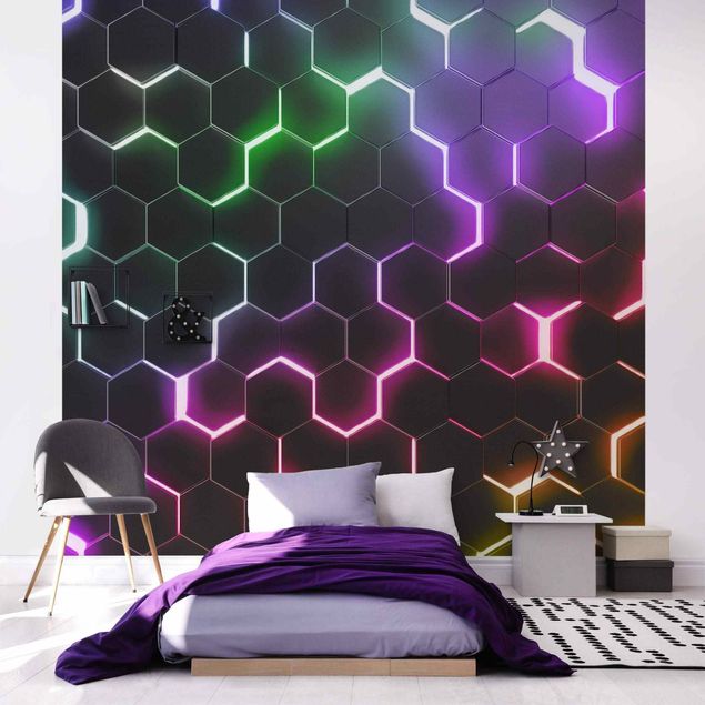 3d tapet Hexagonal Pattern With Neon Light