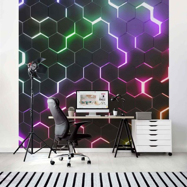 Tapet mønster Hexagonal Pattern With Neon Light
