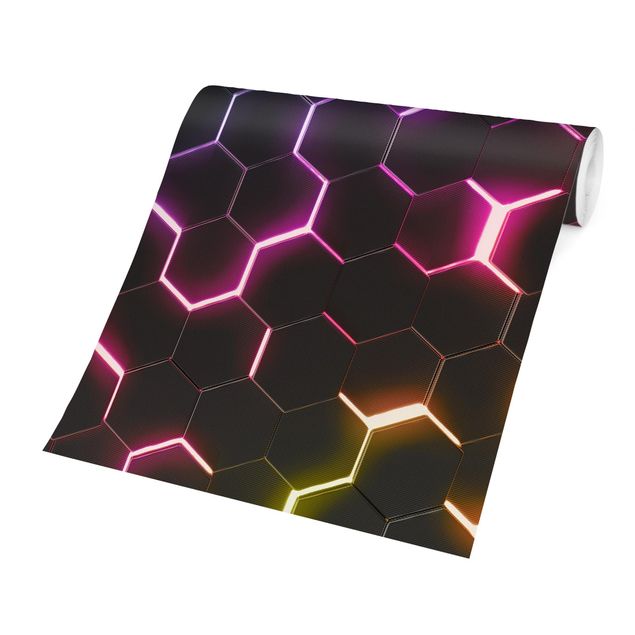 Moderne tapet Hexagonal Pattern With Neon Light