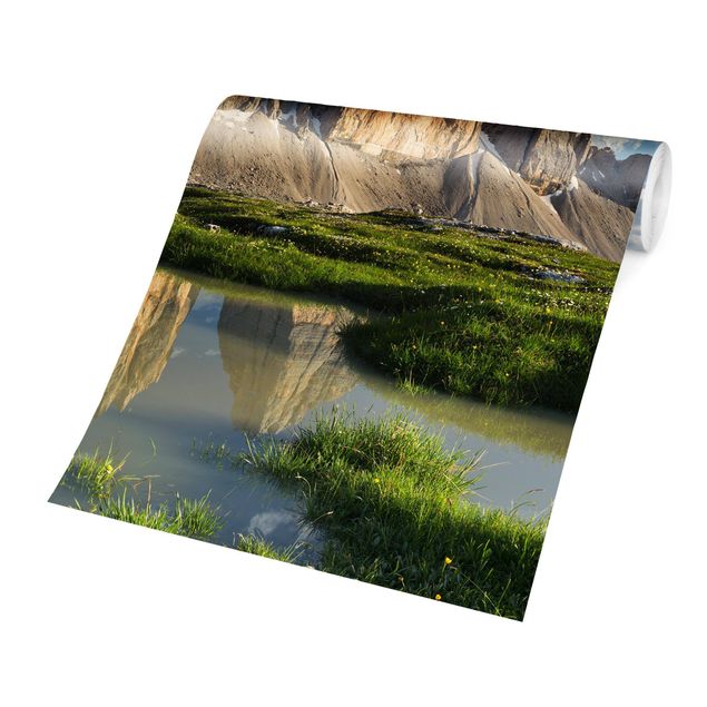 Fototapet landskaber South Tyrolean Zinnen And Water Reflection