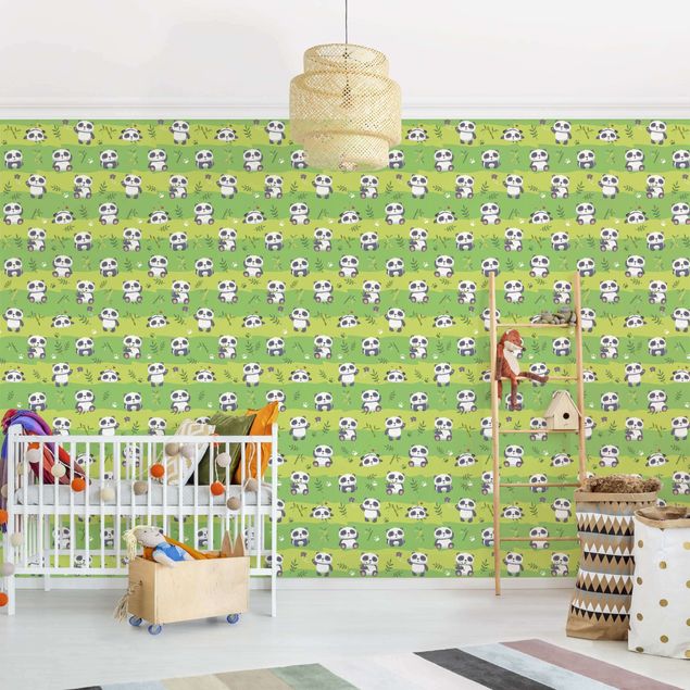 Børneværelse deco Cute Panda Bears Wallpaper Green