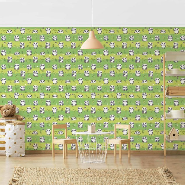 Tapet med sommerfugle Cute Panda Bears Wallpaper Green