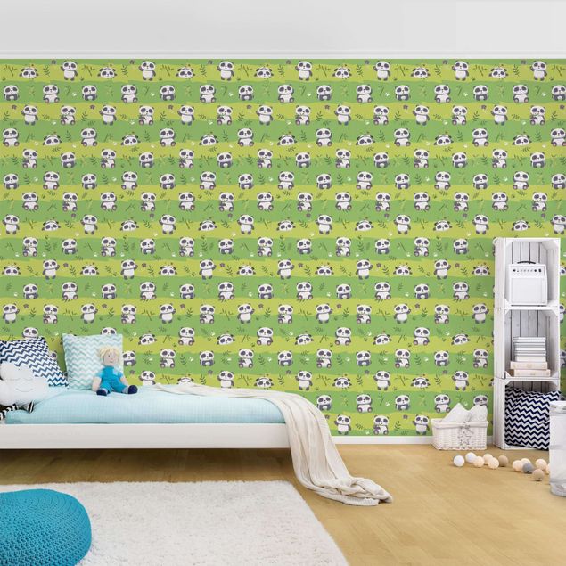 Mønstret tapeter Cute Panda Bears Wallpaper Green