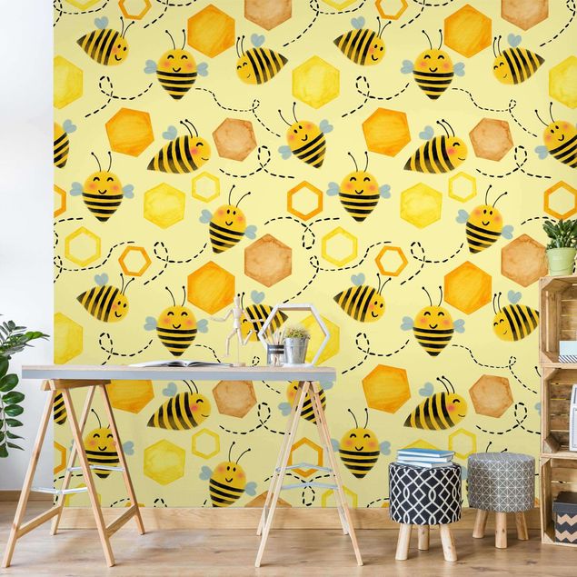 Mønstret tapeter Sweet Honey With Bees Illustration