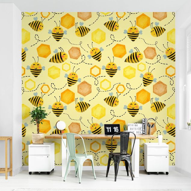 Moderne tapet Sweet Honey With Bees Illustration