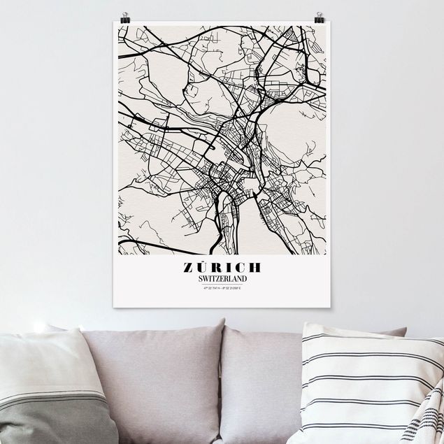 Plakater sort og hvid Zurich City Map - Classic