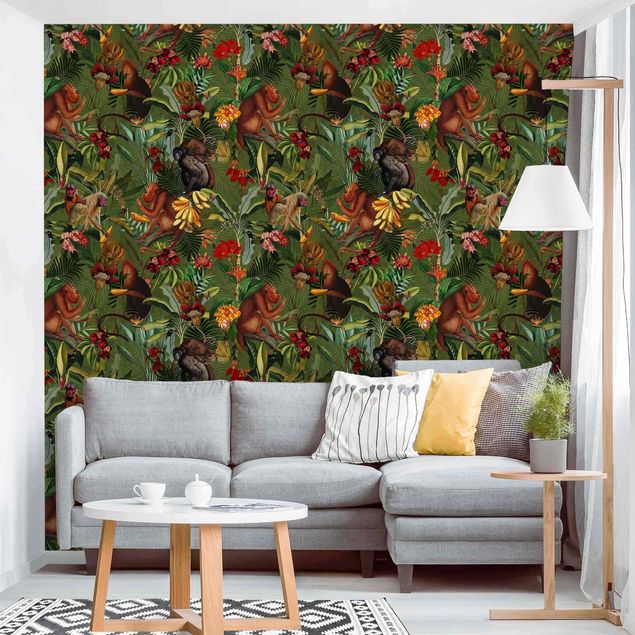 Moderne tapet Tropical Flowers With Monkeys