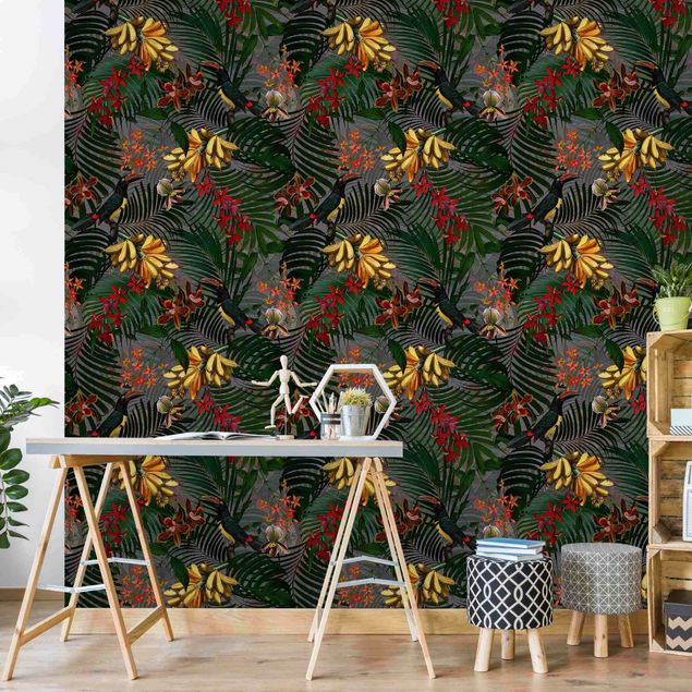 Fugle tapet Tropical Ferns With Tucan Green