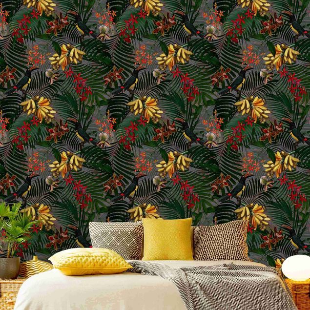 Fototapet blomster Tropical Ferns With Tucan Green