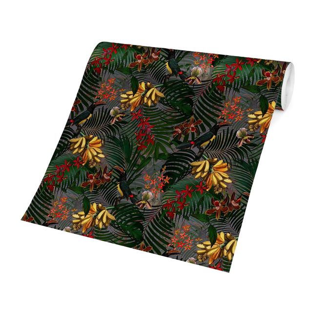 Moderne tapet Tropical Ferns With Tucan Green