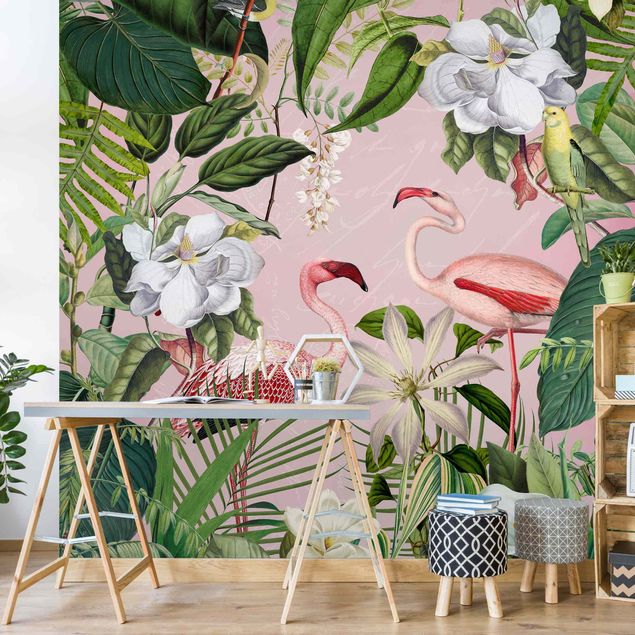 Tapet fugle Tropical Flamingos With Plants In Pink