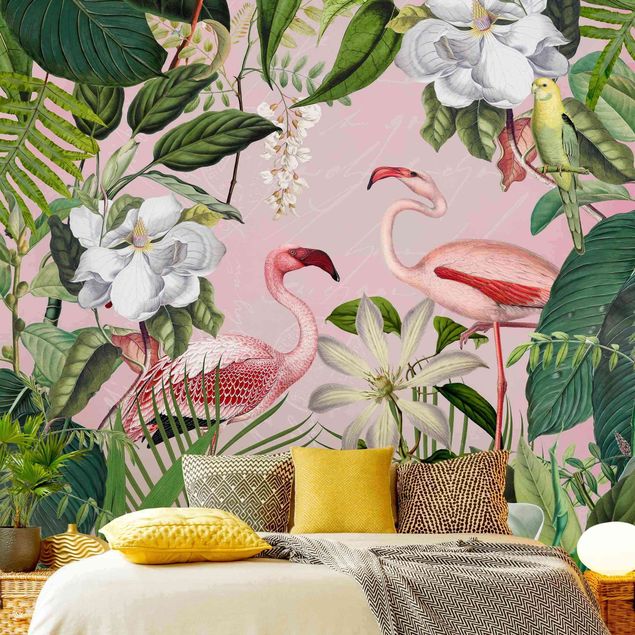 Tapet blomster Tropical Flamingos With Plants In Pink