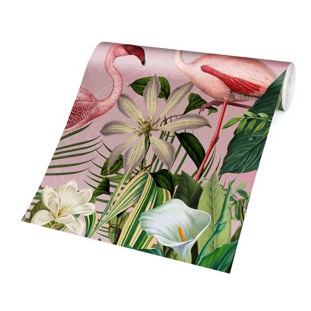 Tapet moderne Tropical Flamingos With Plants In Pink