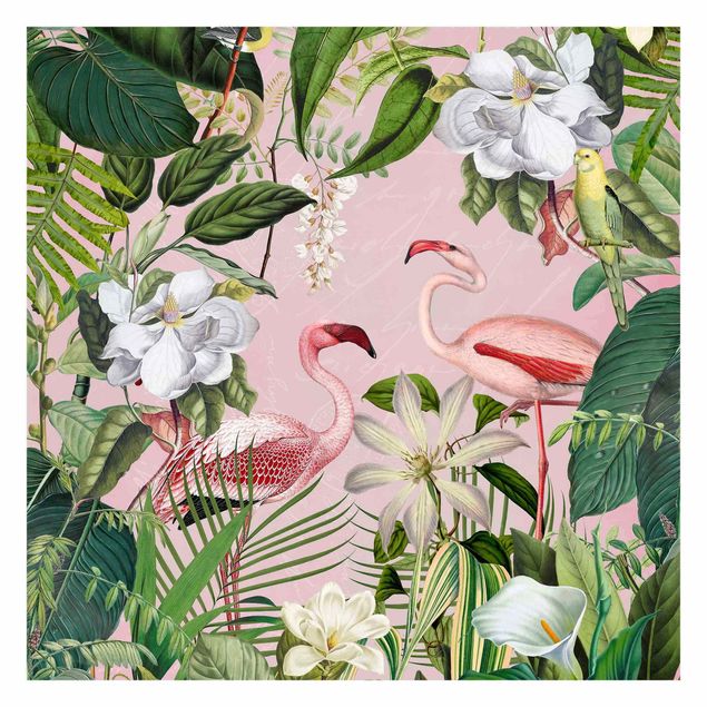 Tapet vintage Tropical Flamingos With Plants In Pink